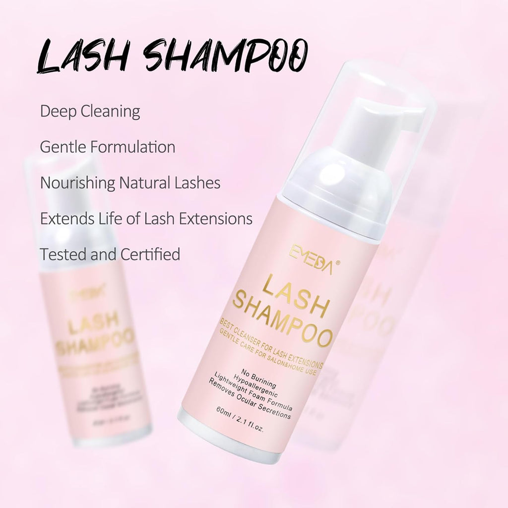 Lash Shampoo Cleaning Kit - Lash Extensions Cleanser Lash Bath Kit with Lash Fan Dryer Brush Rinse Bottle, Oil Free Foam Wash for Extensions & Natural Lashes/Safe Makeup Remover