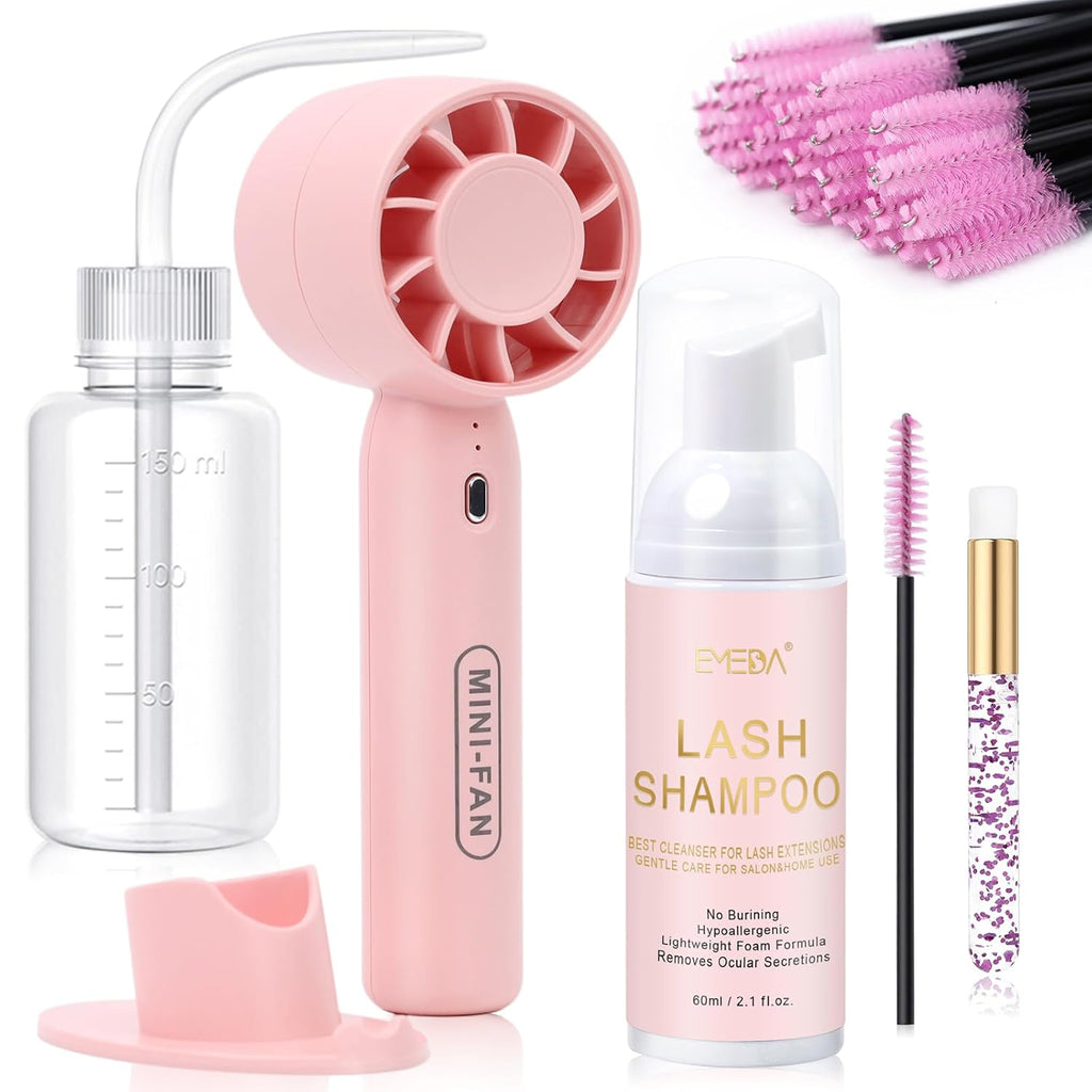 Lash Shampoo Cleaning Kit - Lash Extensions Cleanser Lash Bath Kit with Lash Fan Dryer Brush Rinse Bottle, Oil Free Foam Wash for Extensions & Natural Lashes/Safe Makeup Remover