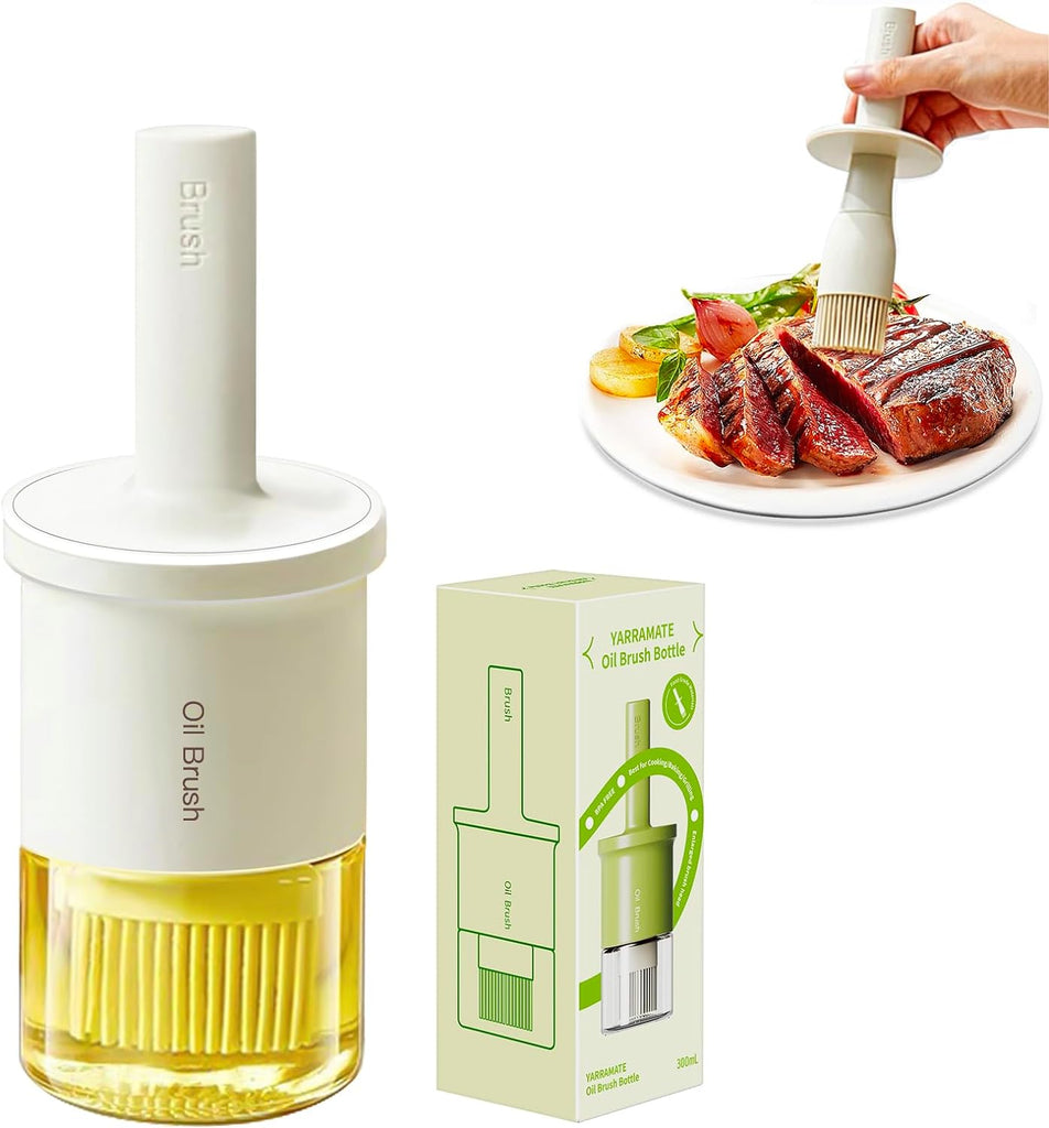 Oil Dispenser Bottle with Heat Resistant Brush, Glass Oil Dispenser for Kitchen, Oil Container with Silicone Basting & Pastry Brush for Cooking BBQ Vinegar Sauce Grill Frying(Creamy White)