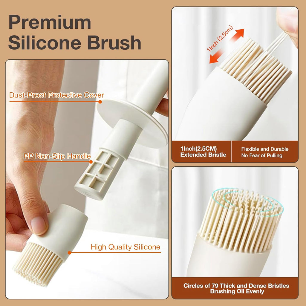 Oil Dispenser Bottle with Heat Resistant Brush, Glass Oil Dispenser for Kitchen, Oil Container with Silicone Basting & Pastry Brush for Cooking BBQ Vinegar Sauce Grill Frying(Creamy White)