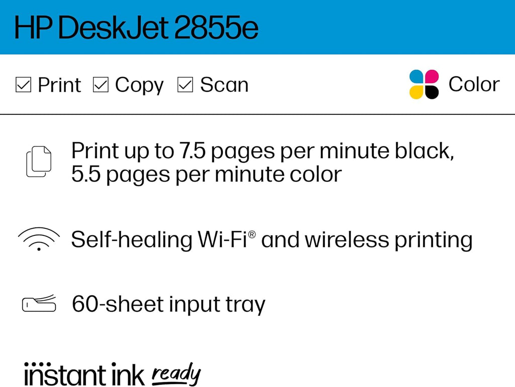 Deskjet 2855E Wireless All-In-One Color Inkjet Printer, Scanner, Copier, Best-For-Home, 3 Months of Ink Included (588S5A)