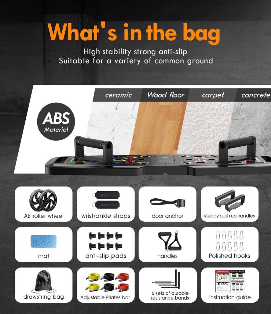 Push up Board,Home Gym,Portable Exercise Equipment,Pilates Bar & 20 Fitness Accessories with Resistance Bands & Ab Roller Wheel,Full Body Workout at Home