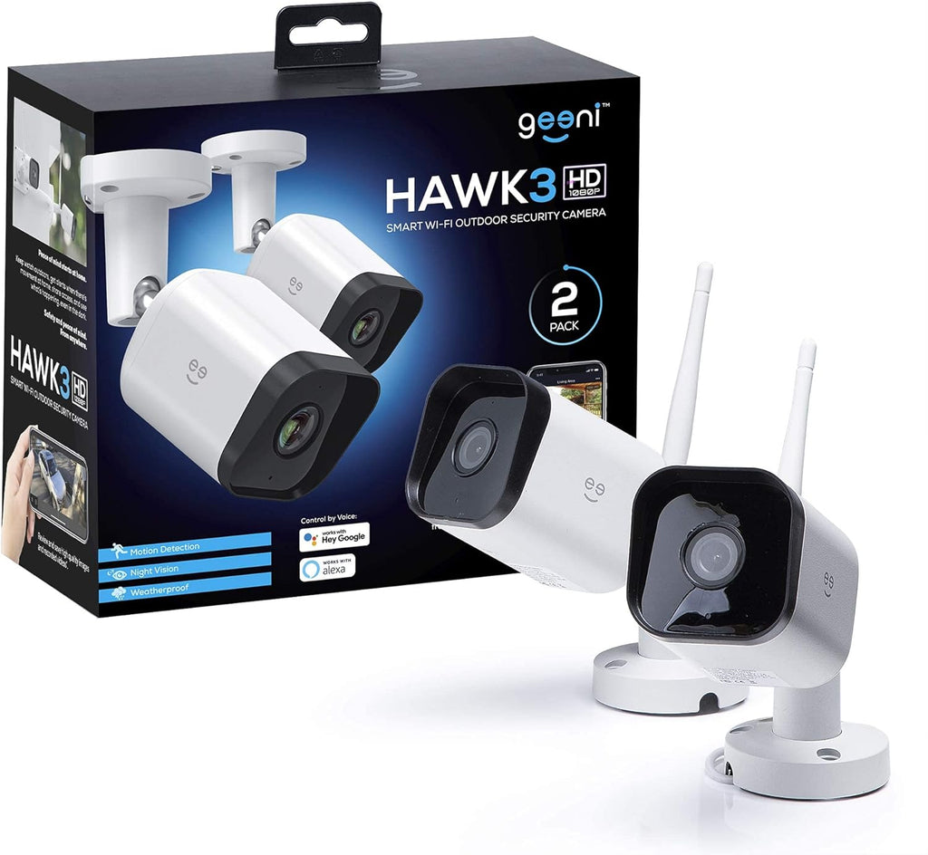 Hawk 3 Outdoor Camera for Home Security, Smart Surveillance, Wifi, Night Vision, Motion Alert, 2-Way Audio, 1080P HD, Works with Alexa, Google Home - 2 Pack