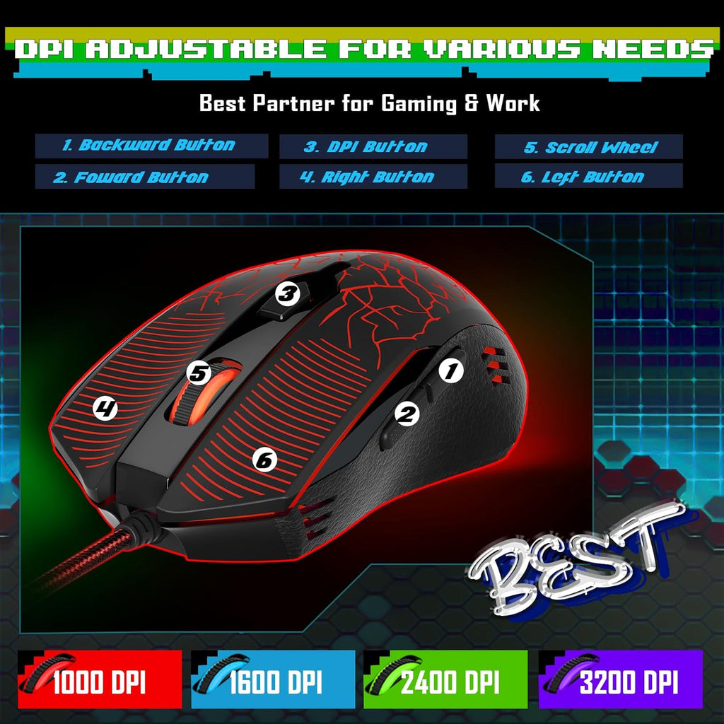 Gaming Keyboard and Mouse, RGB Gaming Keyboard and 3200 DPI Mouse Combo with 26-Key Anti-Ghosting, Plug & Play to PC, Laptop, Windows, S107【Newest】