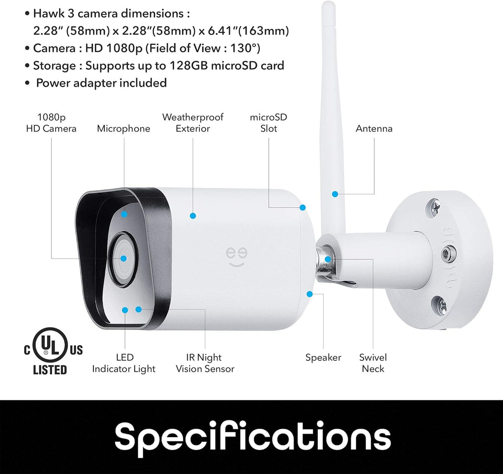 Hawk 3 Outdoor Camera for Home Security, Smart Surveillance, Wifi, Night Vision, Motion Alert, 2-Way Audio, 1080P HD, Works with Alexa, Google Home - 2 Pack