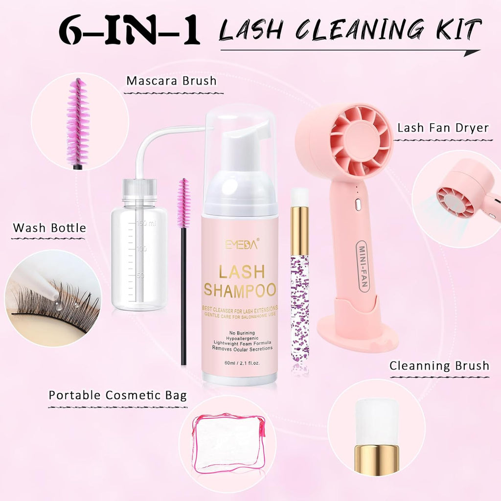 Lash Shampoo Cleaning Kit - Lash Extensions Cleanser Lash Bath Kit with Lash Fan Dryer Brush Rinse Bottle, Oil Free Foam Wash for Extensions & Natural Lashes/Safe Makeup Remover