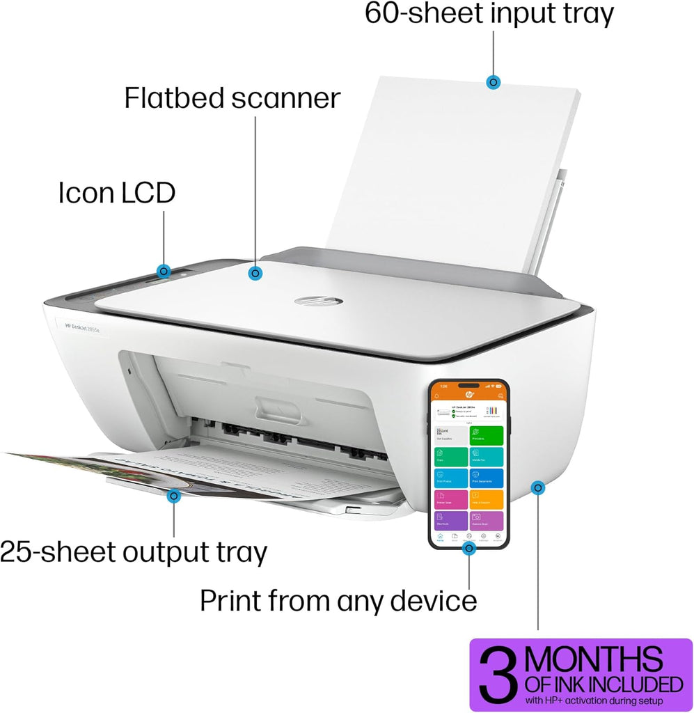 Deskjet 2855E Wireless All-In-One Color Inkjet Printer, Scanner, Copier, Best-For-Home, 3 Months of Ink Included (588S5A)