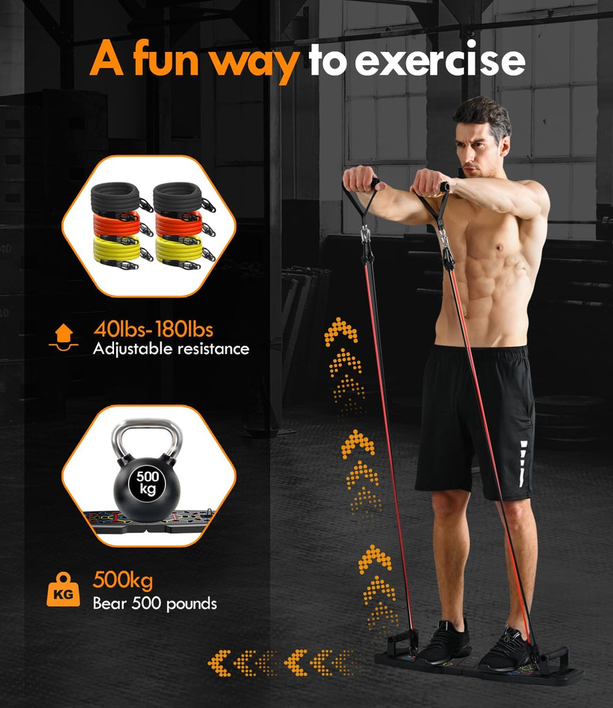 Push up Board,Home Gym,Portable Exercise Equipment,Pilates Bar & 20 Fitness Accessories with Resistance Bands & Ab Roller Wheel,Full Body Workout at Home