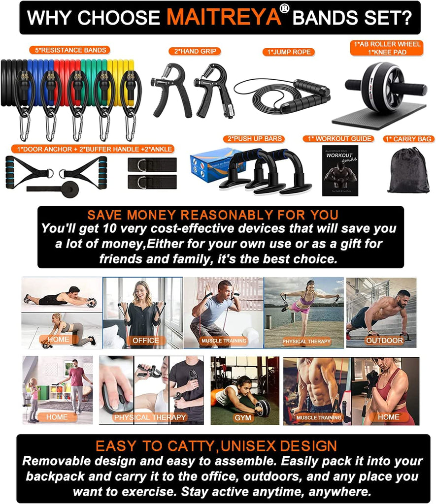 Resistance Bands Set Workout Bands,8-In-1 Ab Wheel Roller Kit with Knee Pad,Push up Bars,Hand Grip Strengthener,Jump Rope,Home Gym Workout Exercise Equipment for Men Women