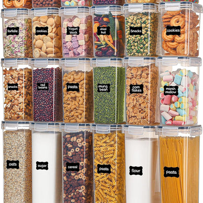 Airtight Food Storage Containers with Lids,  24 Pcs Plastic Kitchen and Pantry Organization Canisters for Cereal, Dry Food, Flour and Sugar, BPA Free, Includes 24 Labels,Black