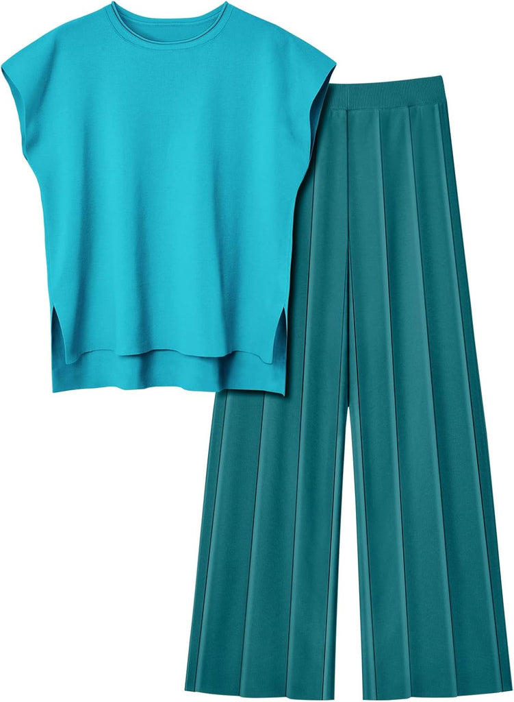 2 Piece Outfits for Women Casual Dressy Knit Lounge Sets Cap Sleeve High Low Top and Elastic Waisted Pleated Pants