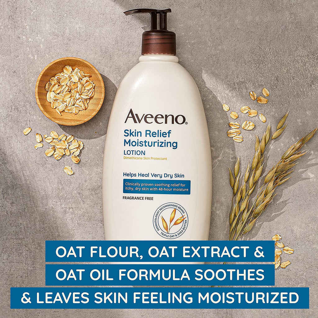 Skin Relief Fragrance-Free Moisturizing Lotion for Sensitive Skin, with Natural Shea Butter & Triple Oat Complex, Unscented Therapeutic Body Lotion for Itchy, Extra-Dry Skin, 18 Fl. Oz