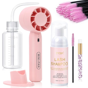 Lash Shampoo Cleaning Kit - Lash Extensions Cleanser Lash Bath Kit with Lash Fan Dryer Brush Rinse Bottle, Oil Free Foam Wash for Extensions & Natural Lashes/Safe Makeup Remover