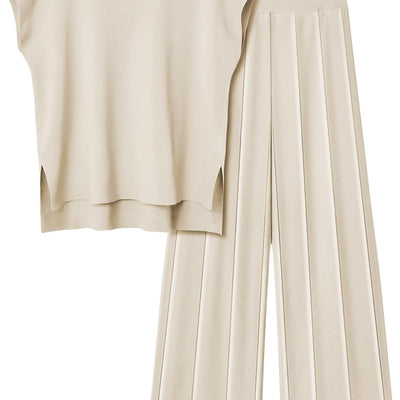 2 Piece Outfits for Women Casual Dressy Knit Lounge Sets Cap Sleeve High Low Top and Elastic Waisted Pleated Pants