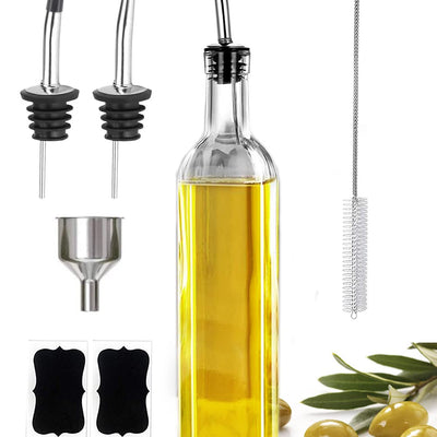 17oz Olive Oil Dispenser Bottle, 500ml Oil & Vinegar Cruet with 2 Stainless Steel Pourers, 2 Labels,1 Brush and 1 Funnel for Kitchen