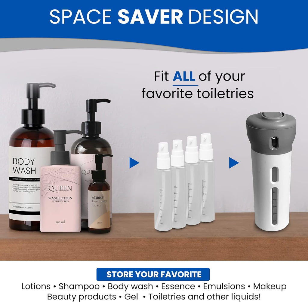 4 in 1 Travel Dispenser - Refillable Travel Container with 4 Liquid Dispenser for Toiletries, Shampoo, Lotion, Gel, Body Wash, Makeup - TSA Approved, Leak Proof, Bonus Pouch Bag, Labels (Gray)