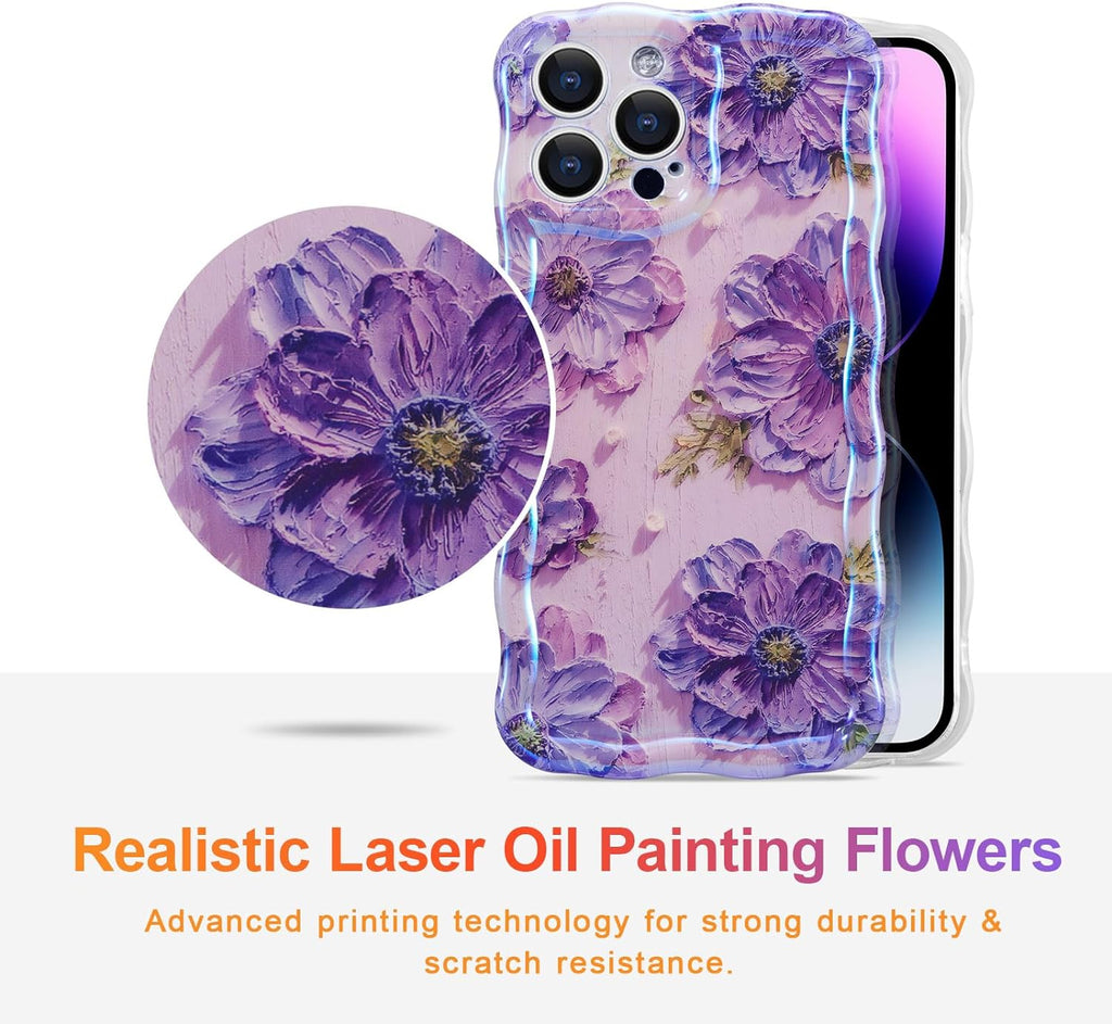 Case for iPhone 15 Pro Max, Colorful Retro Oil Painting Printed Flower Laser Glossy Pattern Cute Curly Wave Edge Exquisite Phone Cover Stylish Durable TPU Protective Case for Girls Women-Green