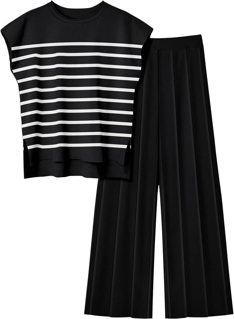 2 Piece Outfits for Women Casual Dressy Knit Lounge Sets Cap Sleeve High Low Top and Elastic Waisted Pleated Pants
