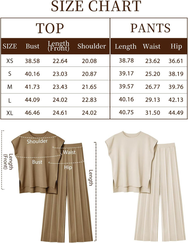 2 Piece Outfits for Women Casual Dressy Knit Lounge Sets Cap Sleeve High Low Top and Elastic Waisted Pleated Pants