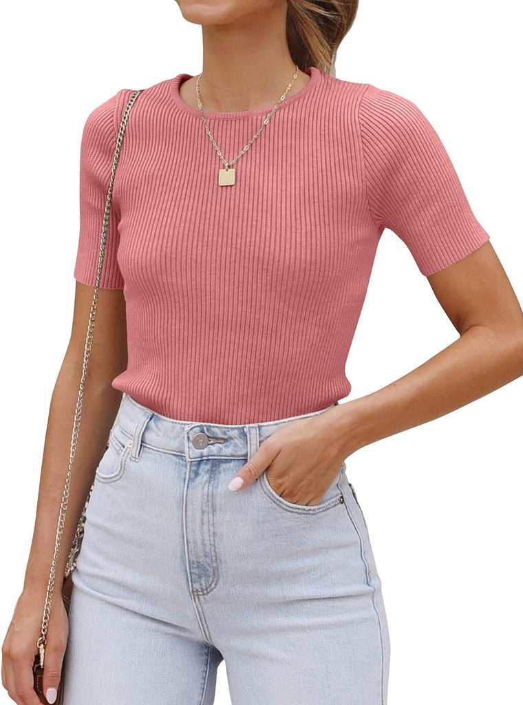 Women'S Short Sleeve Crewneck T Shirt 2024 Summer Ribbed Knit Slim Fit Basic Solid Color Tee Tops