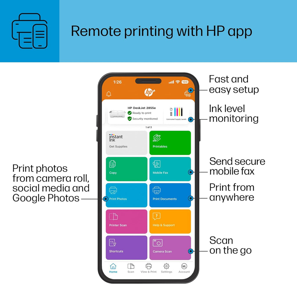Deskjet 2855E Wireless All-In-One Color Inkjet Printer, Scanner, Copier, Best-For-Home, 3 Months of Ink Included (588S5A)